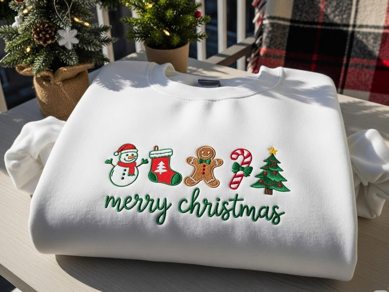 Merry Christmas Embroidered Sweatshirt, Cute Holiday Icons Crewneck, Gingerbread Candy Cane Tree Sweater, Festive Winter Gift for Women