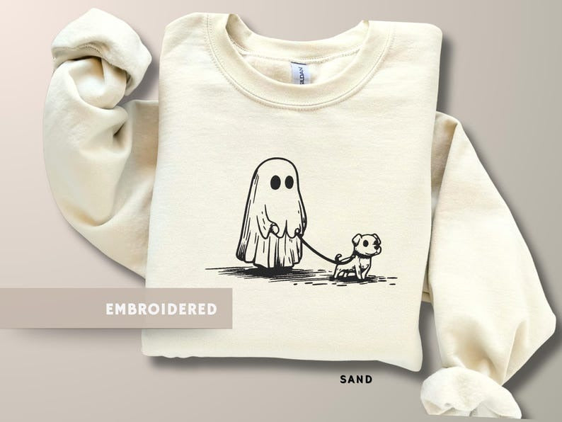 Embroidered Ghost Dog Sweatshirt Cozy Halloween Pullover Dog Lover Gift