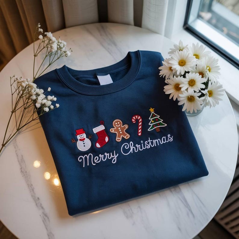 Merry Christmas Embroidered Sweatshirt, Embroidered Christmas Crewneck Sweatshirt, Embroidered Gingerbread Sweatshirt, Custom Xmas Gift