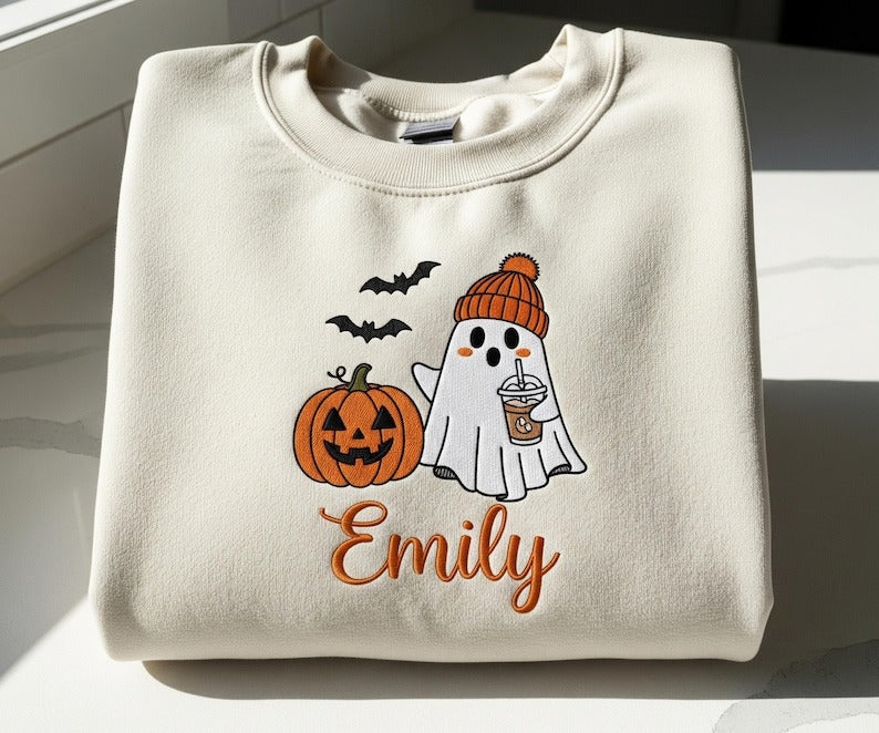 Personalized Halloween Girl Ghost Boo Embroidered Sweatshirt For Kids Toddle