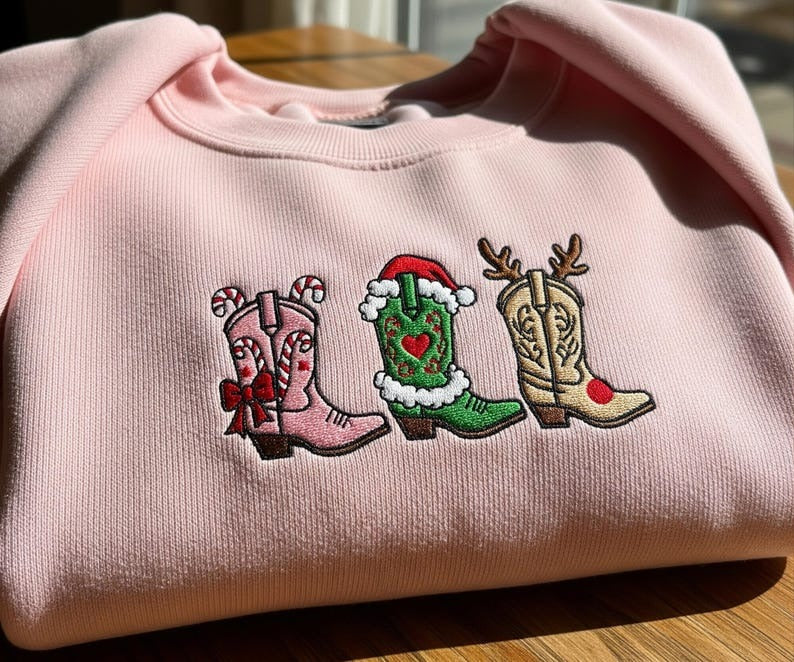Western Christmas Embroidered Sweatshirt: Cowgirl Boots & Reindeer