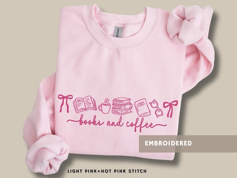 Books & Coffee Sweatshirt Embroidered Coquette Book Lover Gift Cozy Reader Pullover Reading Book Club Jumper Cute Bookish Sweater for Women