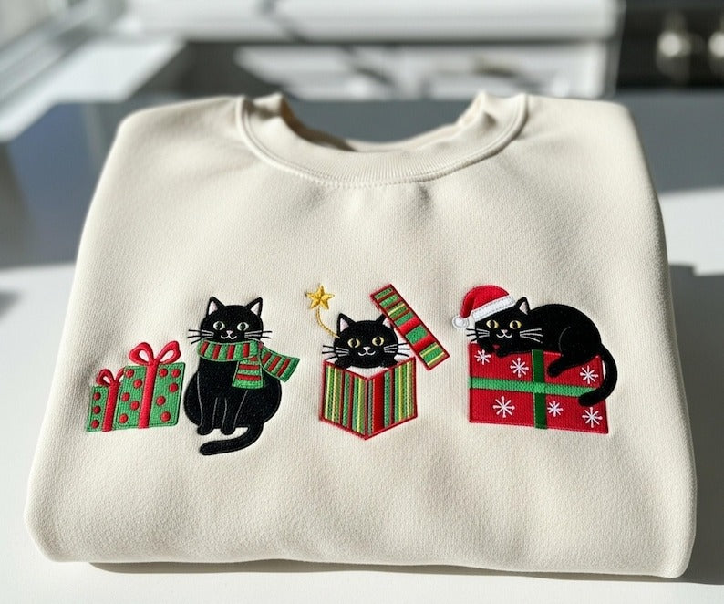 Black Cat Christmas Sweatshirt – Embroidered Holiday Gift Pullover