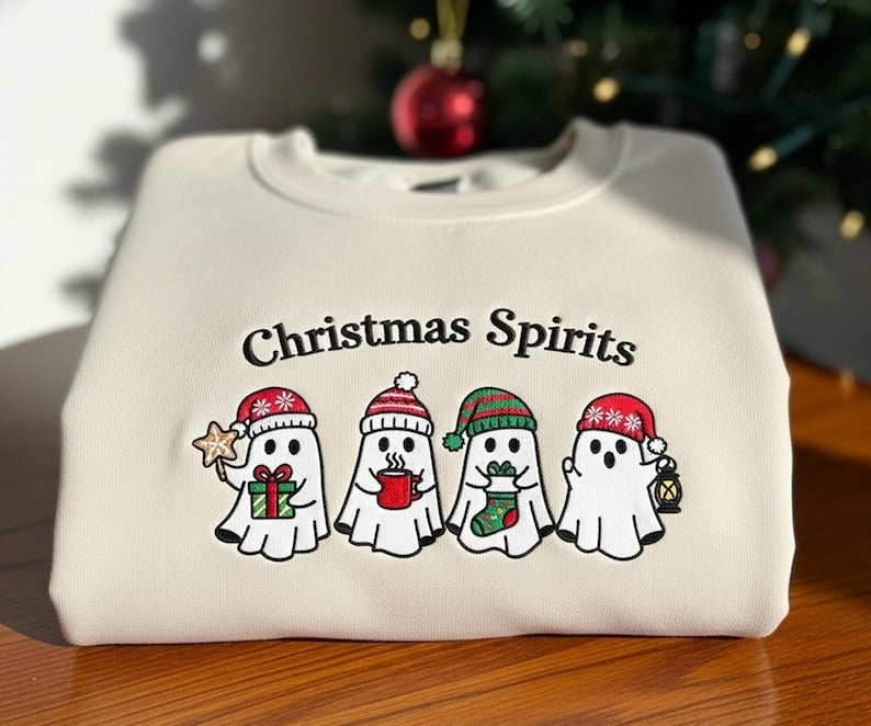 Christmas Spirits Embroidered Sweatshirt, Funny Ghost Christmas Crewneck, Holiday Embroidery Top