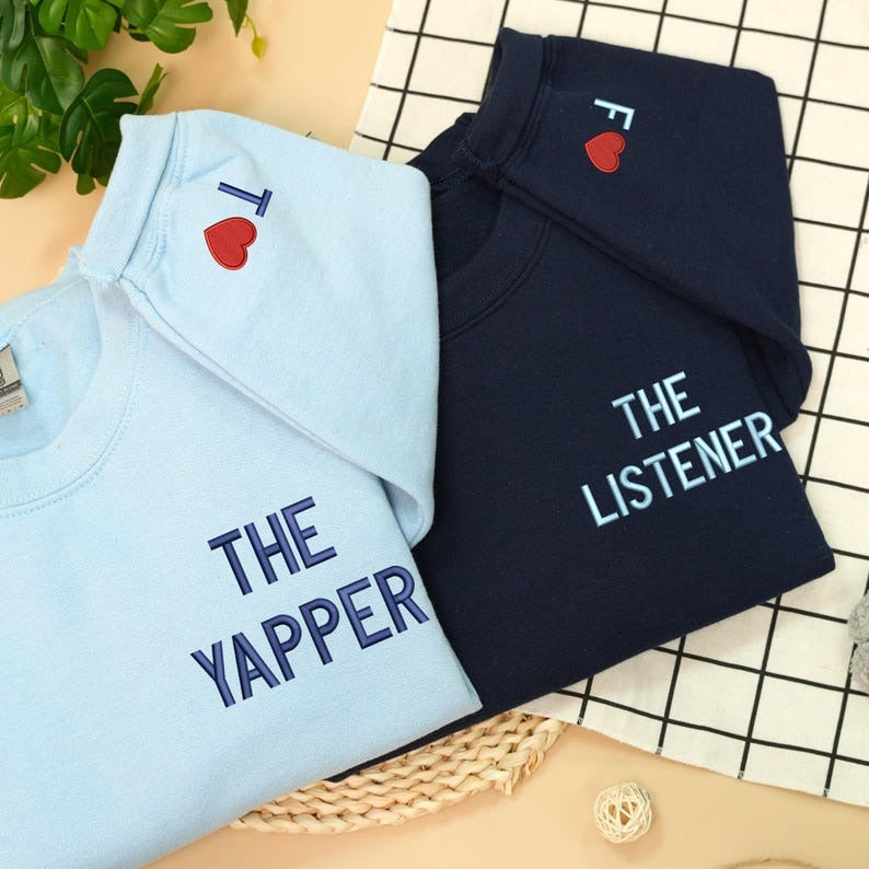 Custom Embroidered The Yapper The Listener Sweatshirt for Couple: Personalized Initials on Sleeve