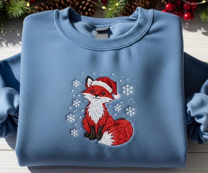 Embroidered Christmas Fox Sweatshirt, Holiday Crewneck Pullover