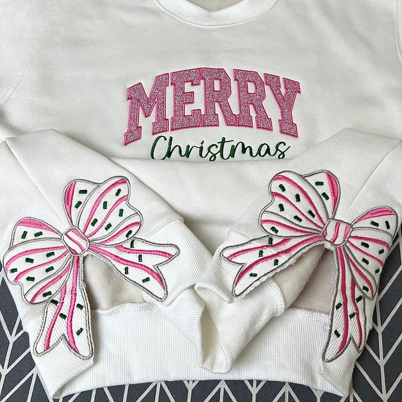 Merry Christmas Side Bow Embroidered Sweatshirt, christmas crewneck bows, Side Bow Applique, bow sweatshirt christmas, christmas side bow