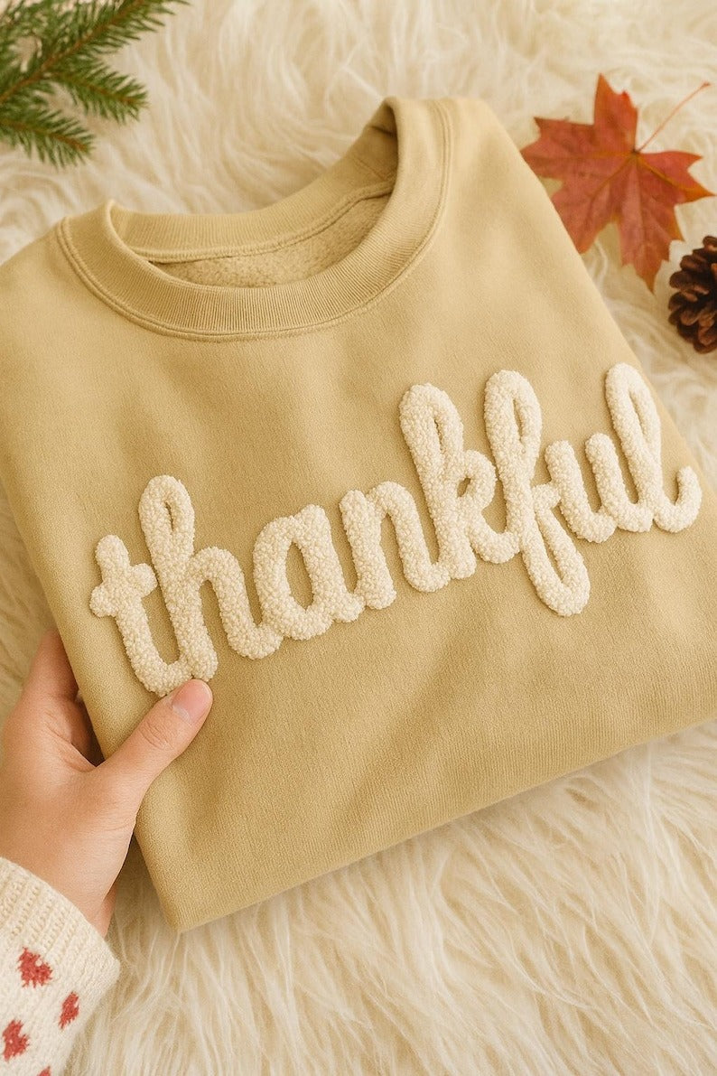 Thankful Chenille Yarn Embroidered Sweatshirt, Fall Christian Shirt, Cozy Autumn Thanksgiving Top, Chenille Yarn Gift Sweater