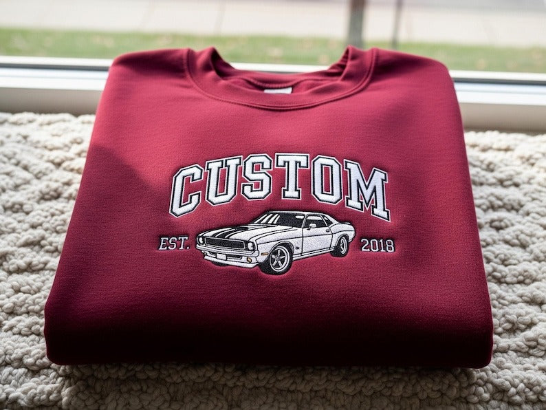 Custom Car Sweatshirt – Personalized Classic Car Gift for Dad, Embroidered Car Lover Christmas Sweater, Car Lover Pullover