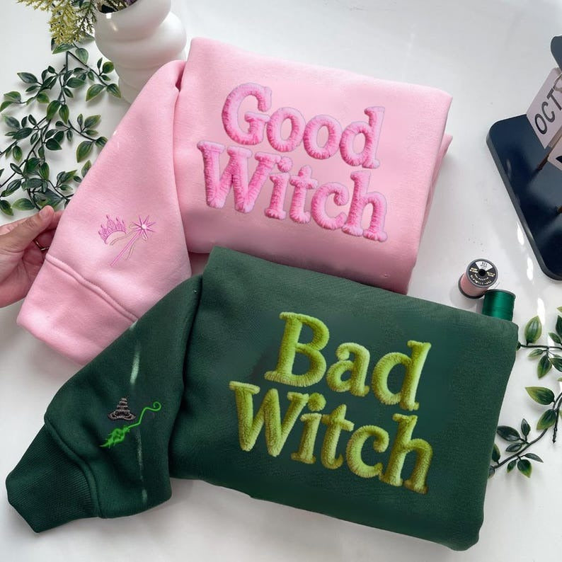 Bad Witch Good Witch Chenille Yarn Embroidered Sweatshirt, Wicked Inspired Crewneck, Changed For Good Shirt, Christmas Gift For Her