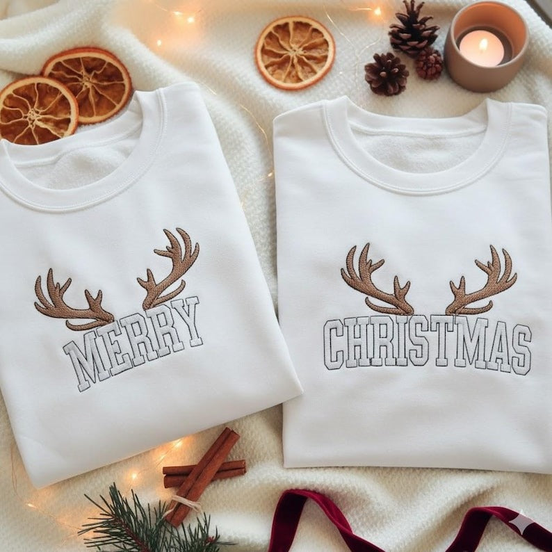 EMBROIDERED Merry Christmas Sweatshirt Set, Matching Holiday Sweater, Couple Xmas Crewneck, Festive Winter Jumper Pair, Christmas Couple Tee