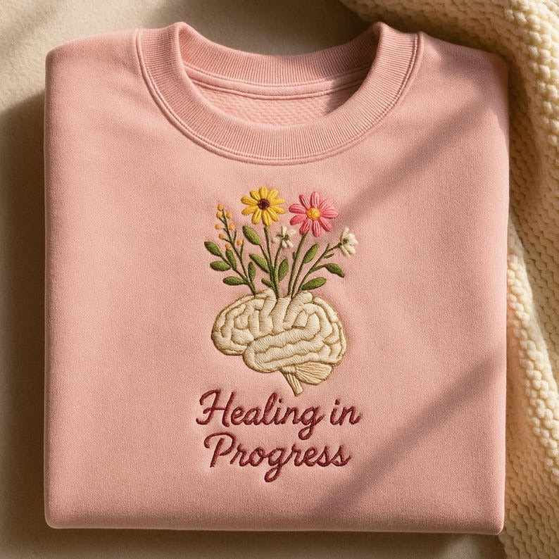 Embroidered Healing in Progress Sweatshirt, Floral Brain Crewneck,Mental Health Shirt, Self Care Gift, Recovery Journey Apparel,Therapy Gift