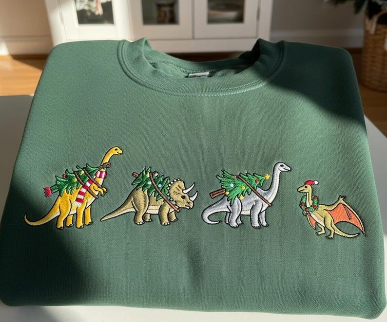 Embroidered Dinosaur Christmas Sweatshirt: Festive Holiday Dino Crewneck