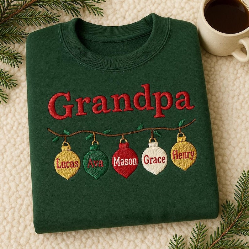 Embroidered Grandpa Christmas Sweatshirt, Personalized Grandkids Name Ornament Sweater, Custom Granddad Xmas Gift, Family Holiday Jumper