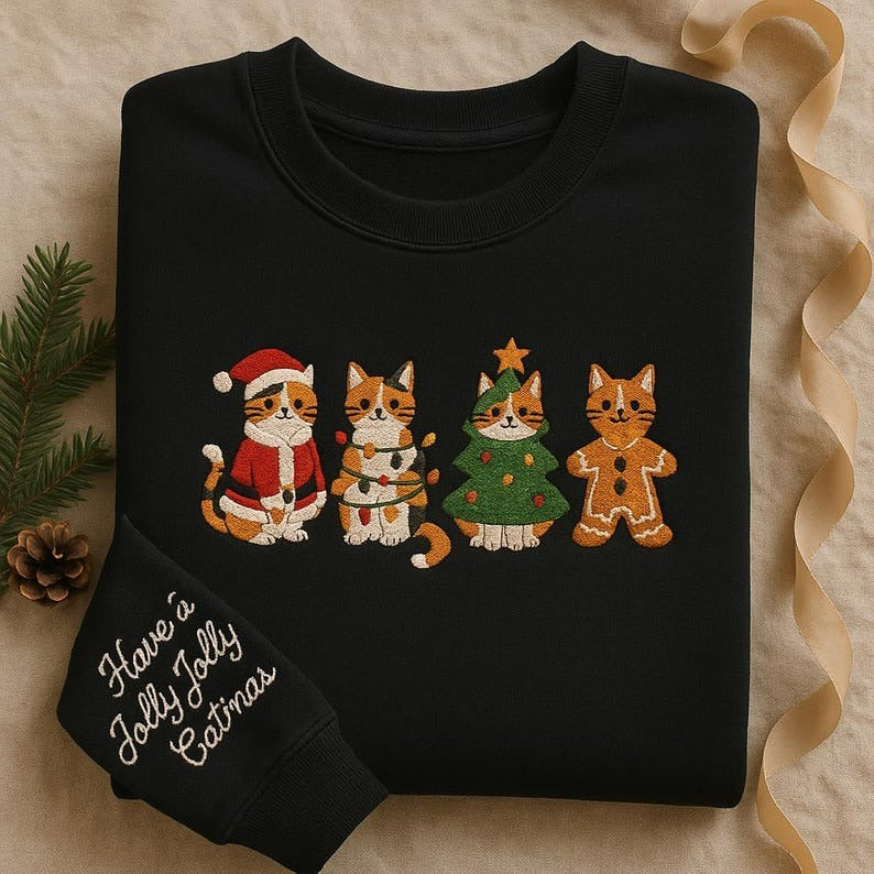 Embroidered Christmas Cat Sweatshirt, Jolly Catmas Hoodie, Cat Lover Shirt, Funny Cat Holiday Crewneck, Festive Animal Kitten Tee