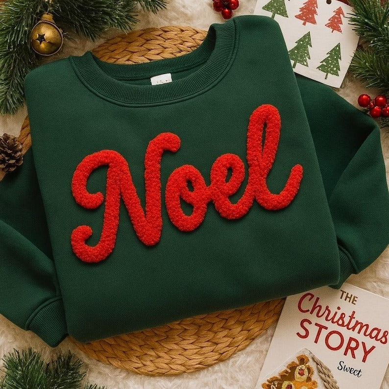 NOEL Chenille Yarn Embroidered Sweatshirt, Merry Chenille Embroidery, Christmas Gift for Family