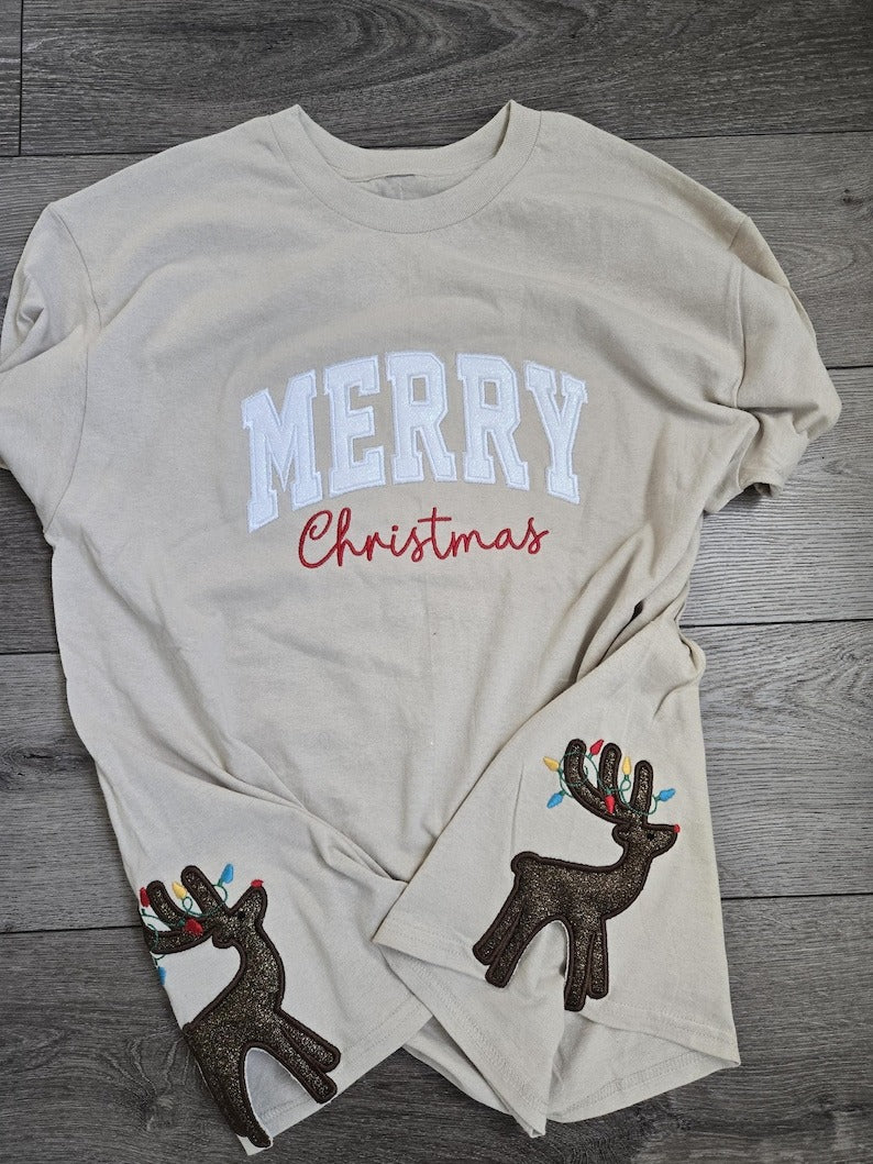 Embroidered merry Christmas T-Shirt , Christmas Apparel, Side bow Applique