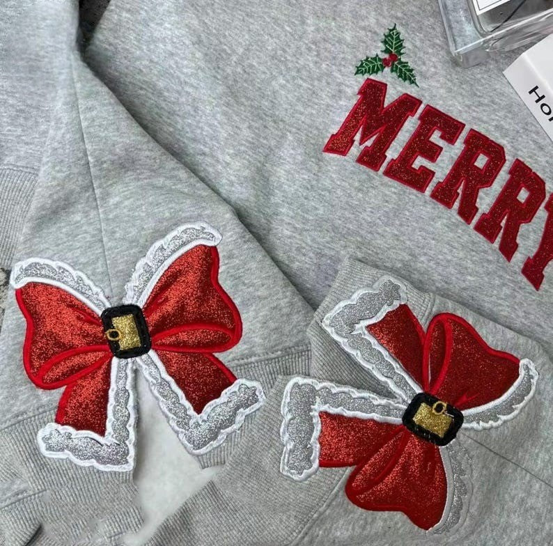 Merry Christmas Side Bow Embroidered Sweatshirt, Glitter applique Christmas shirt, Christmas Side Bow, Christmas Sweatshirt, Holiday Apparel