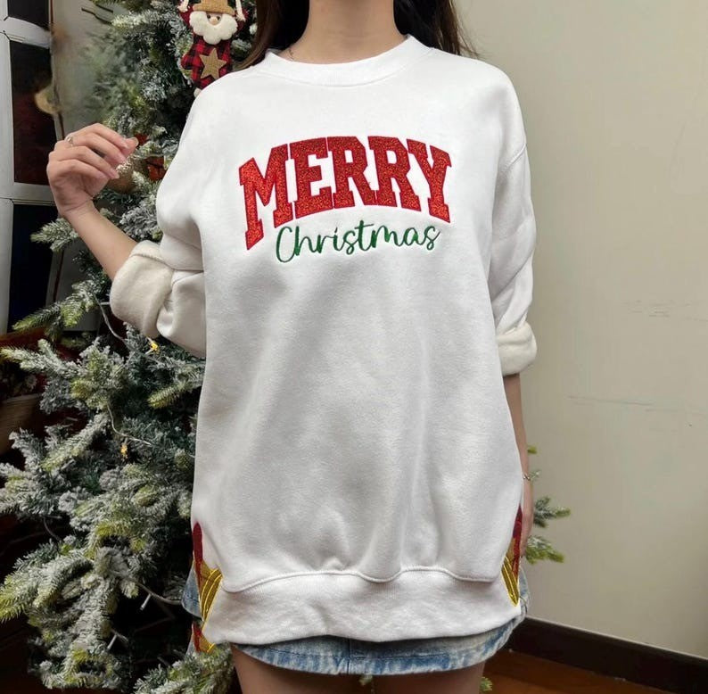 Merry Christmas Side Bow Embroidered Sweatshirt, Glitter applique Christmas shirt, Christmas Side Bow, Christmas Sweatshirt, Holiday Apparel