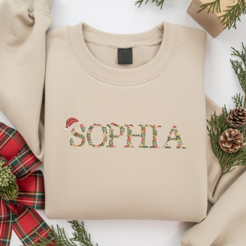 Embroidered Personalized Christmas Sweatshirt - Floral Custom Name Crewneck Sweater - Custom Xmas Gift - Matching Christmas Hoodies