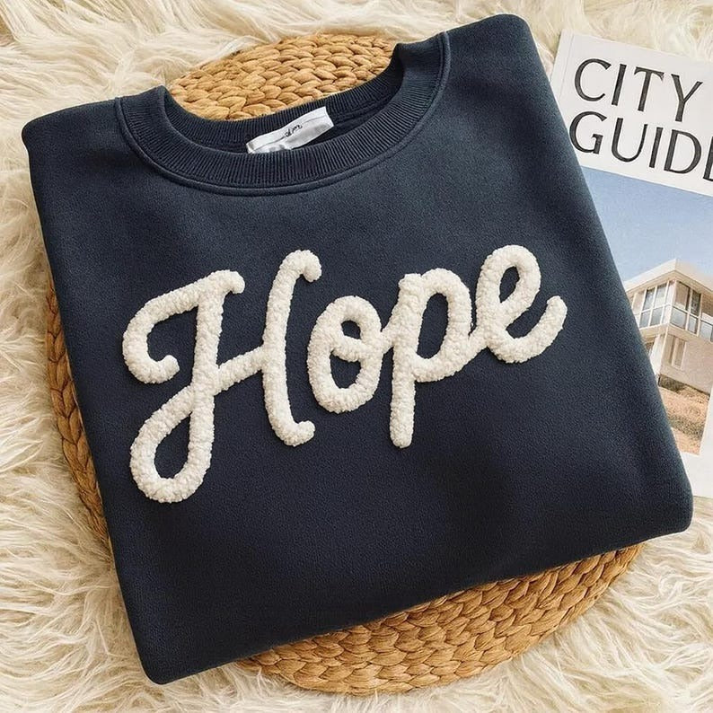 Custom Chenille Yarn Embroidered Sweatshirt – “Hope” Breast Cancer Awareness Pullover, Motivational Cancer Fighter Shirt, Custom Pink Ribbon Sweater