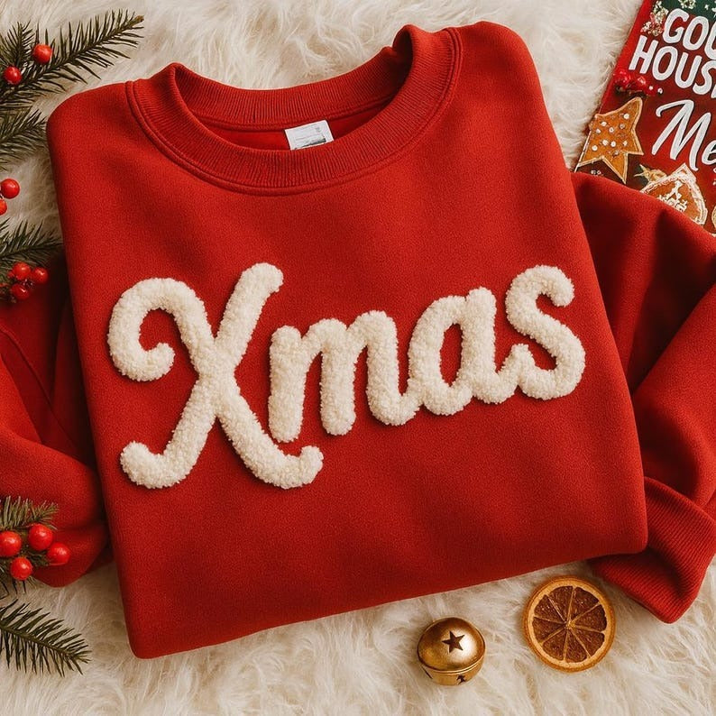 Xmas Chenille Yarn Embroidered Sweatshirt, Christian Custom Christmas Shirt, Religious Holiday Gift for Family