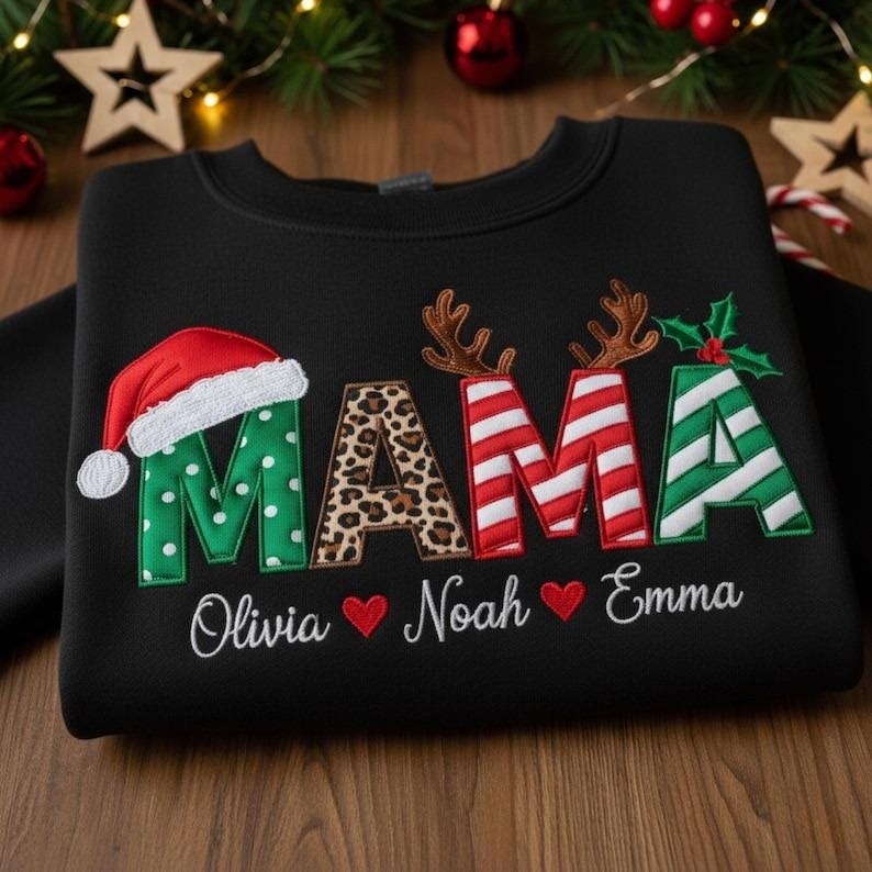 Personalized Mama Christmas Sweatshirt, Embroidered Holiday Sweater, Mama with Kids’ Names, Custom Family Christmas Gift, Matching Xmas