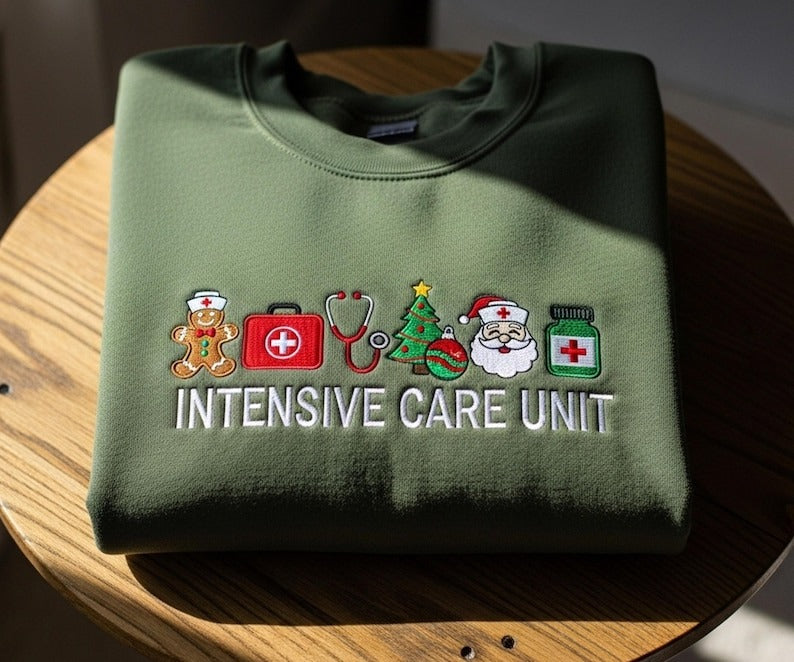 ICU Nurse Christmas Embroidered Sweatshirt, Holiday Intensive Care Unit Crewneck, Nurse Xmas Gift