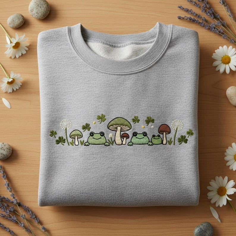 Embroidered Cute Frog and Mushroom Sweatshirt, Cottagecore Aesthetic Hoodie, Clover Lucky Nature Lover Crewneck Gift