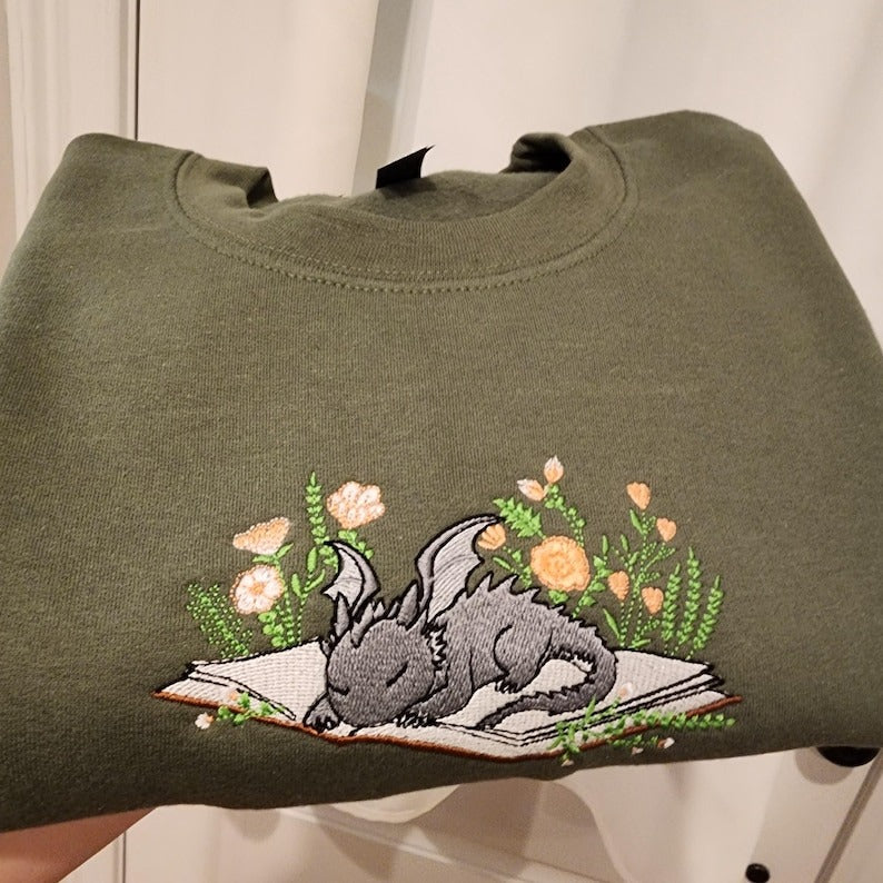 Embroidered Dragon Book Sweatshirt, Fourth dragon Booktok gifts, war college cute cozy fall Embroidered crewneck sweatshirt