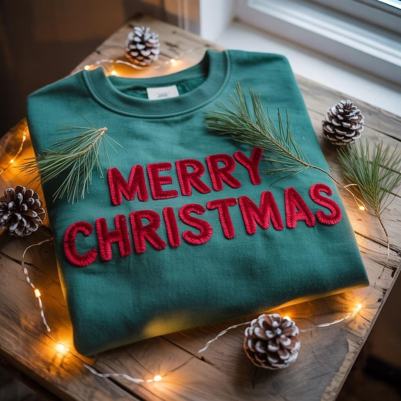Merry Christmas Chenille Yarn Embroidered Sweatshirt, Cozy Holiday Crewneck, Fuzzy Letter Christmas Sweater, Cute Xmas Gift for Her