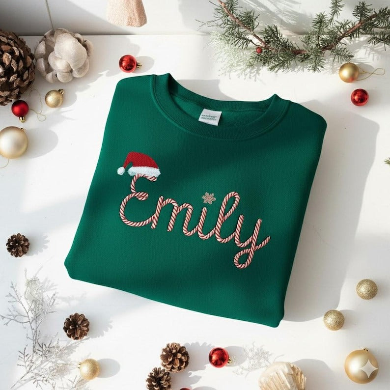 Embroidered Personalized Christmas Sweatshirt, Embroidered Christmas Custom Name Crewneck Sweater, Custom Xmas Gift, Custom Family Sweaters