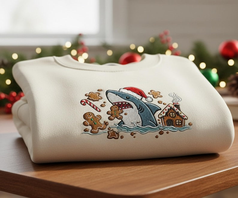 Embroidered Santa Shark Gingerbread Sweatshirt: Funny Christmas Crewneck