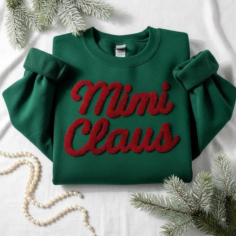 Mimi Claus Chenille Embroidered Sweatshirt – Holiday Christmas Sweater for Women