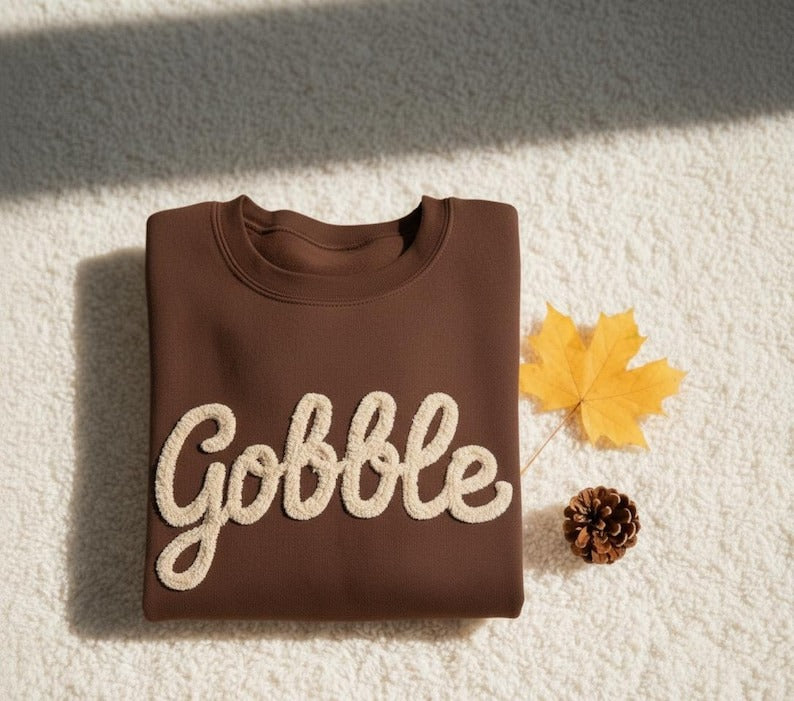Thanksgiving Gobble Chenille Yarn Shirt, Turkey Family Sweater, Cozy Fall Crewneck, Autumn Outfit, Thanksgiving Shirt Gift, Gift For