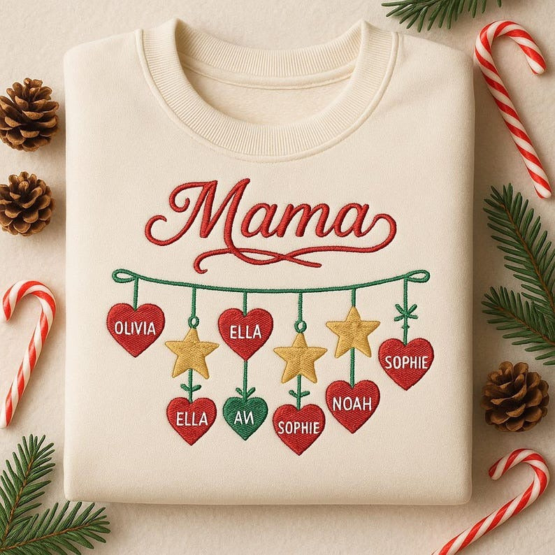Embroidered Mama Christmas Sweatshirt, Personalized Kids Name Heart Star Sweater, Custom Mom Xmas Gift, Family Holiday Jumper