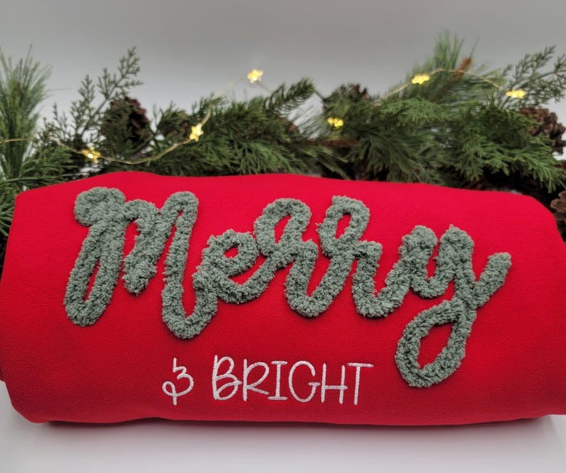 Handmade Chenille Yarn “Merry & Bright” Christmas Sweatshirt — Fuzzy Holiday Pullover, Custom Festive Sweater