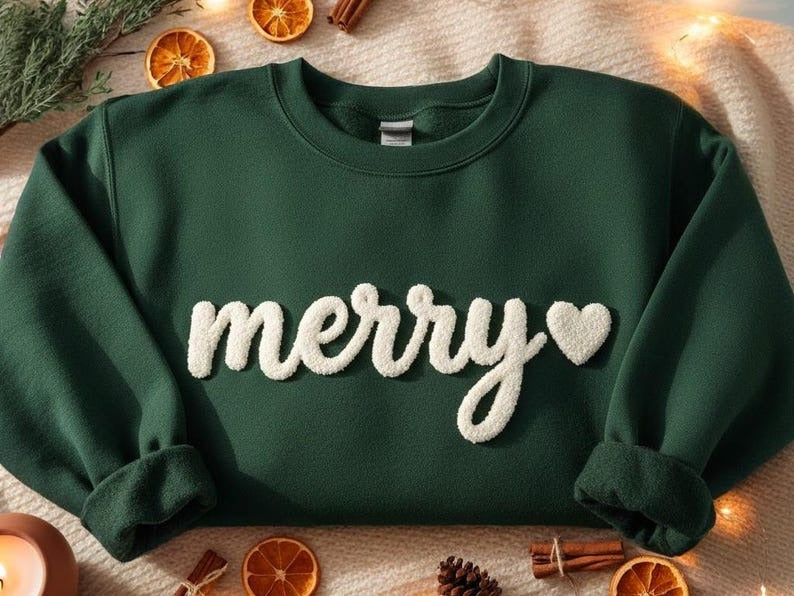 Merry Chenille Yarn Embroidered Sweatshirt, Christmas Chenille Crewneck, Cozy HolidaySweater, Festive Winter Sweater, Christmas Party Shirt