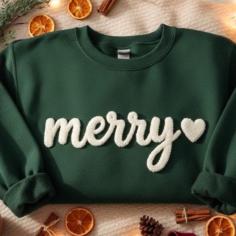 Merry Chenille Yarn Embroidered Sweatshirt, Christmas Chenille Crewneck, Cozy HolidaySweater, Festive Winter Sweater, Christmas Party Shirt