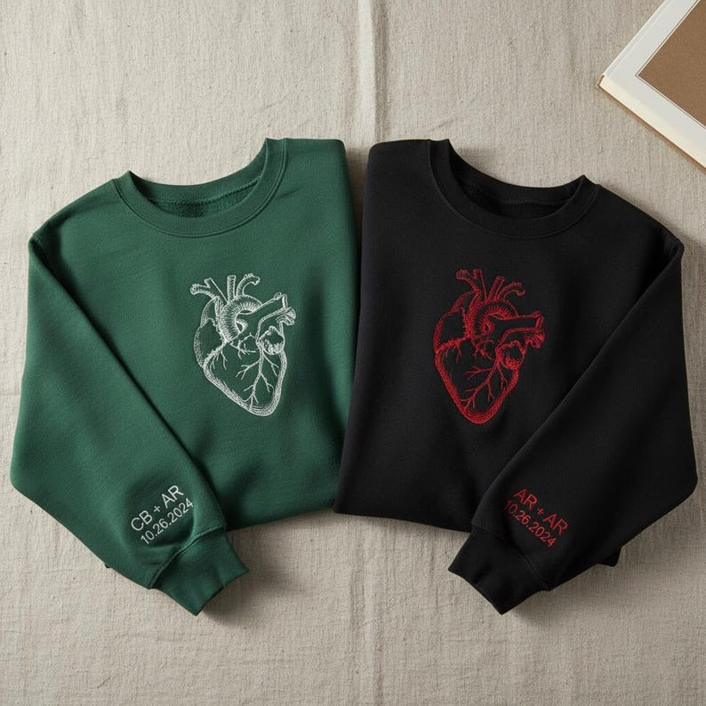 Anatomical Heart Embroidered Matching Sweatshirt, Personalized Couple Gift, Custom Date Initials Anniversary Sweater