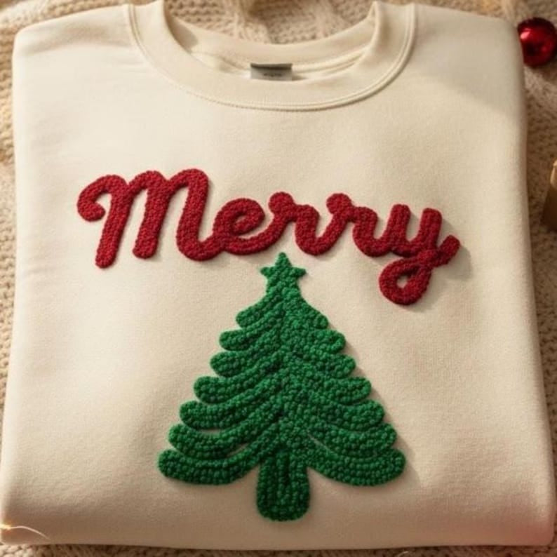 EMBROIDERED Merry Christmas Sweatshirt, Custom Christmas Tree Shirt, Cozy Chenille Yarn Shirt, Holiday Phrase Sweatshirt for Women