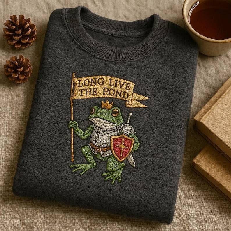 Long Live The Pond Frog Knight Embroidered Sweatshirt, Medieval Toad King Hoodie, Whimsical Fantasy Animal Gift