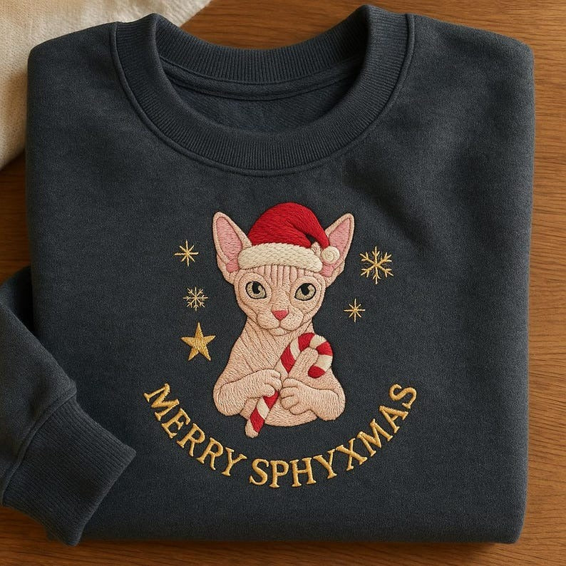 Merry Sphxmas Embroidered Sweatshirt, Sphynx Cat Christmas Hoodie, Hairless Cat Mom Gift, Cute Xmas Pet Tee, Naked Cat Crewneck