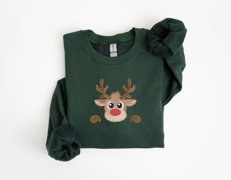 Christmas Reindeer Embroidered Sweatshirt, Holiday Apparel, Holiday Sweatshirt, Christmas Embroidery, Christmas matching Gifts