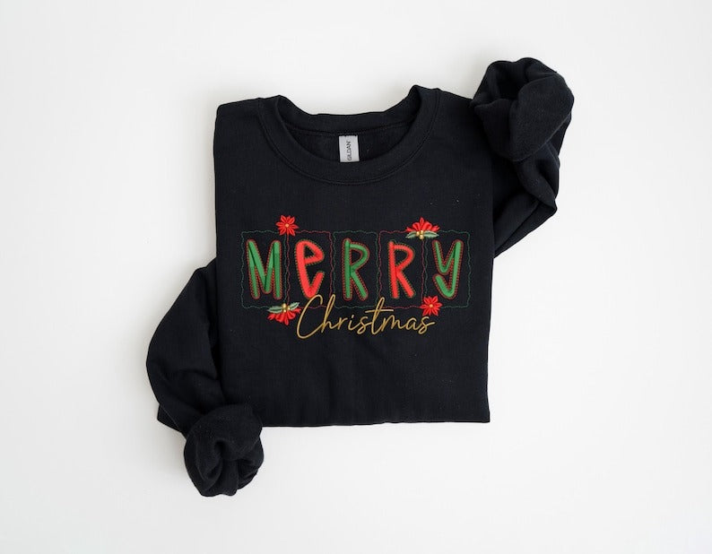 Merry Christmas Santa Embroidered Sweatshirt, Holiday Apparel, Holiday Sweatshirt, Christmas Embroidery, Christmas matching Gifts