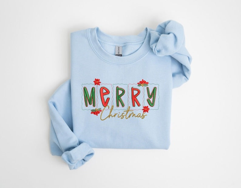 Merry Christmas Santa Embroidered Sweatshirt, Holiday Apparel, Holiday Sweatshirt, Christmas Embroidery, Christmas matching Gifts