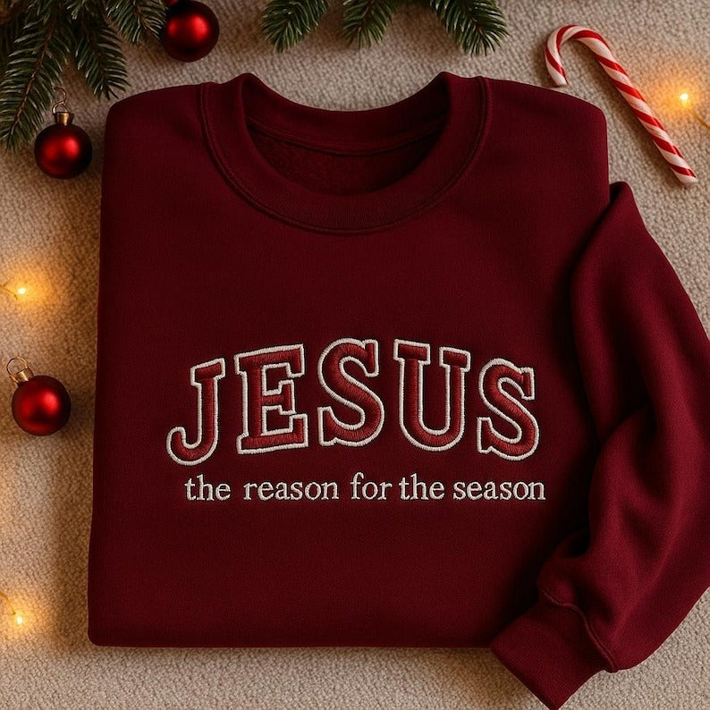 Embroidered Jesus The Reason For The Season Sweatshirt, Faith Christmas Tree Sweater, Merry And Bright Shirt, Christmas Christian Hoodie
