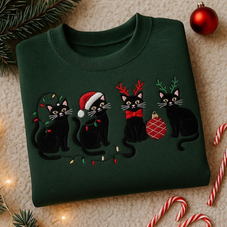 Embroidered Black Cat Christmas Sweatshirt, Cute Christmas Crewneck, Funny Christmas Hoodie, Cat Christmas Tee, Christmas Gift For Cat Owner
