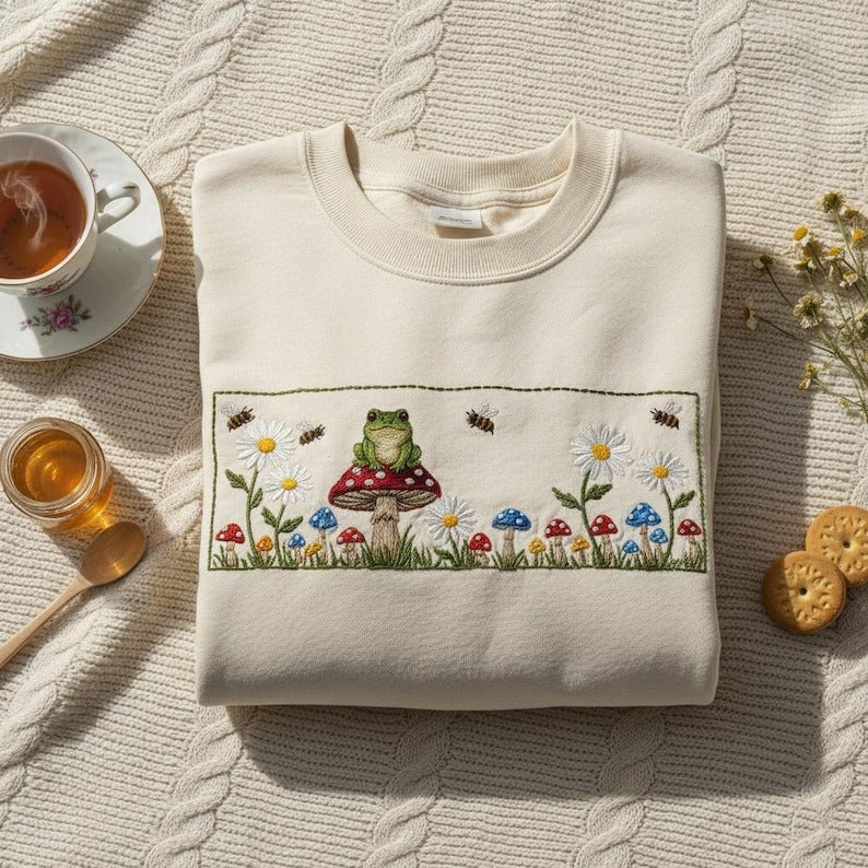 Embroidered Cottagecore Frog Mushroom Sweatshirt, Floral & Bee Design Hoodie, Aesthetic Nature Lover Gift, Daisy Flower Crewneck