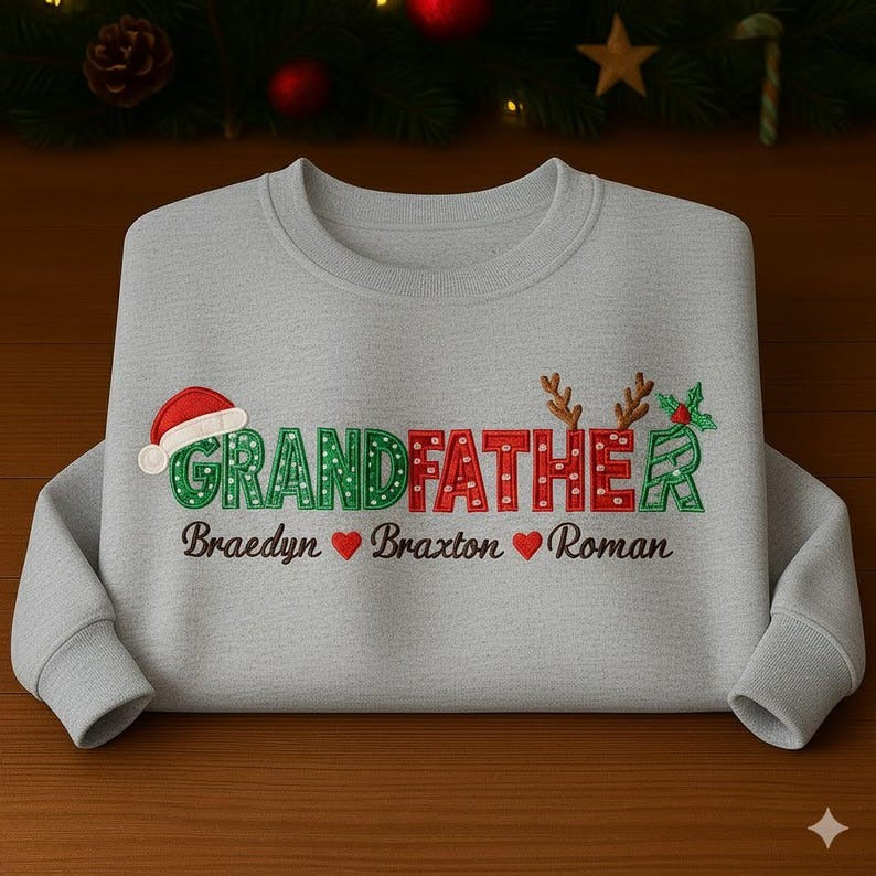 Personalized Grandma Christmas Sweatshirt, Custom Embroidered Name Sweatshirt with Grandkids’ Names, Gift for Grandma, Christmas Family
